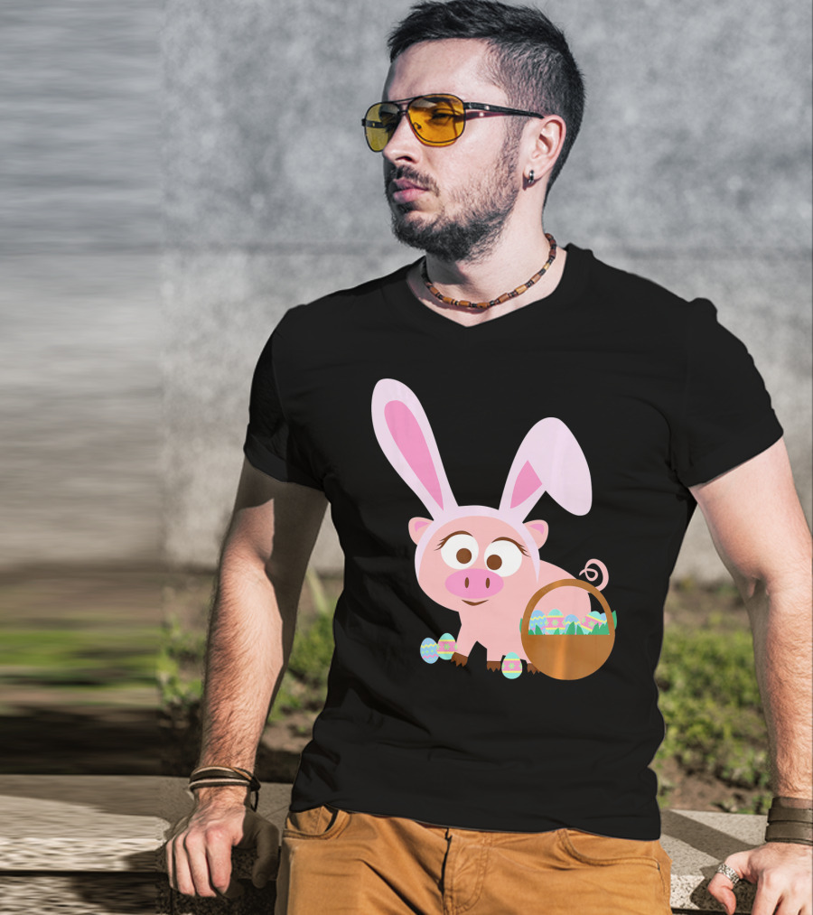 Happy Pig Bunny Ears Easter Eggs Basket T-Shirt