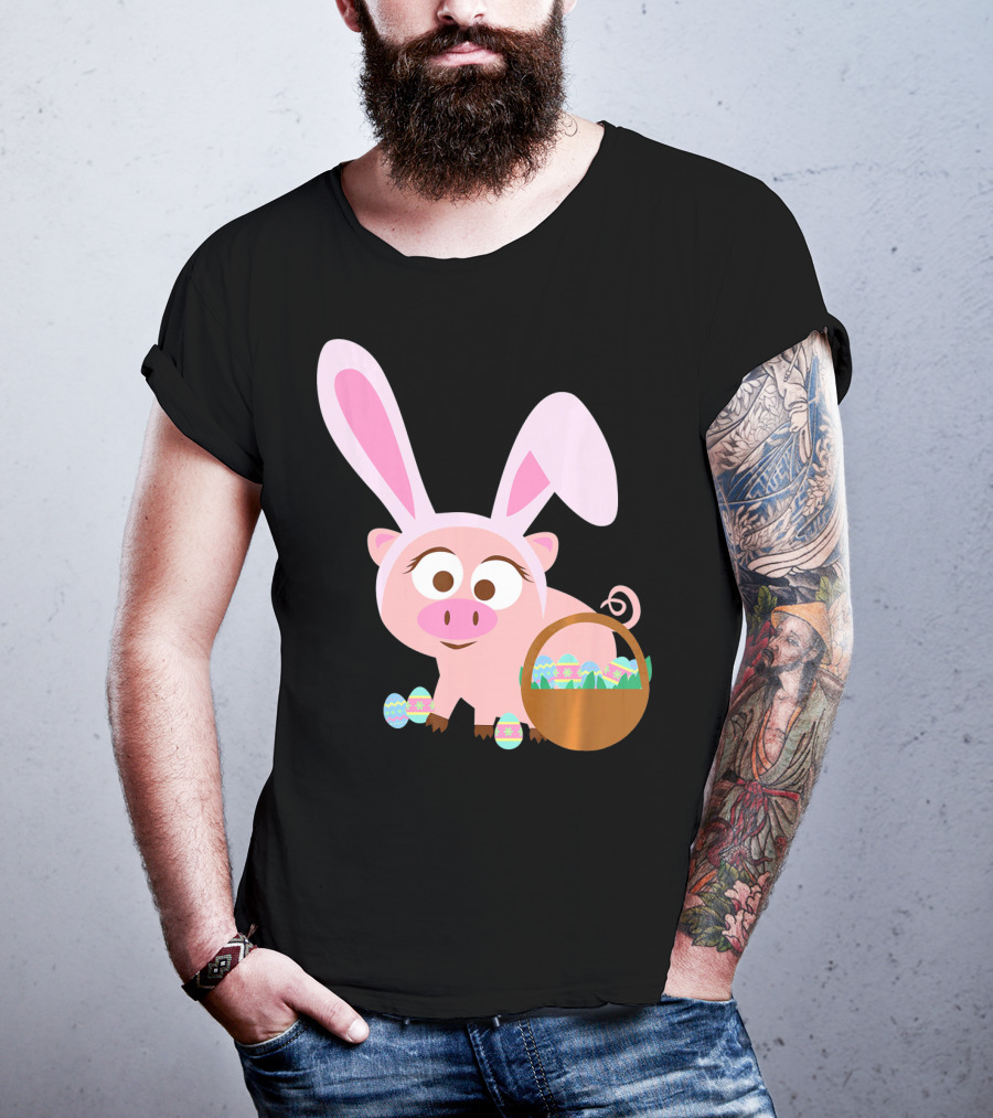 Happy Pig Bunny Ears Easter Eggs Basket T-Shirt