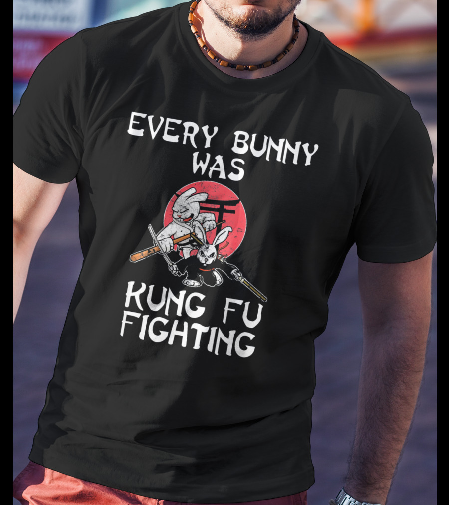 Every Bunny Was Kung Fu Fighting Easter Rabbits With Swords And Red Circle Background T-Shirt