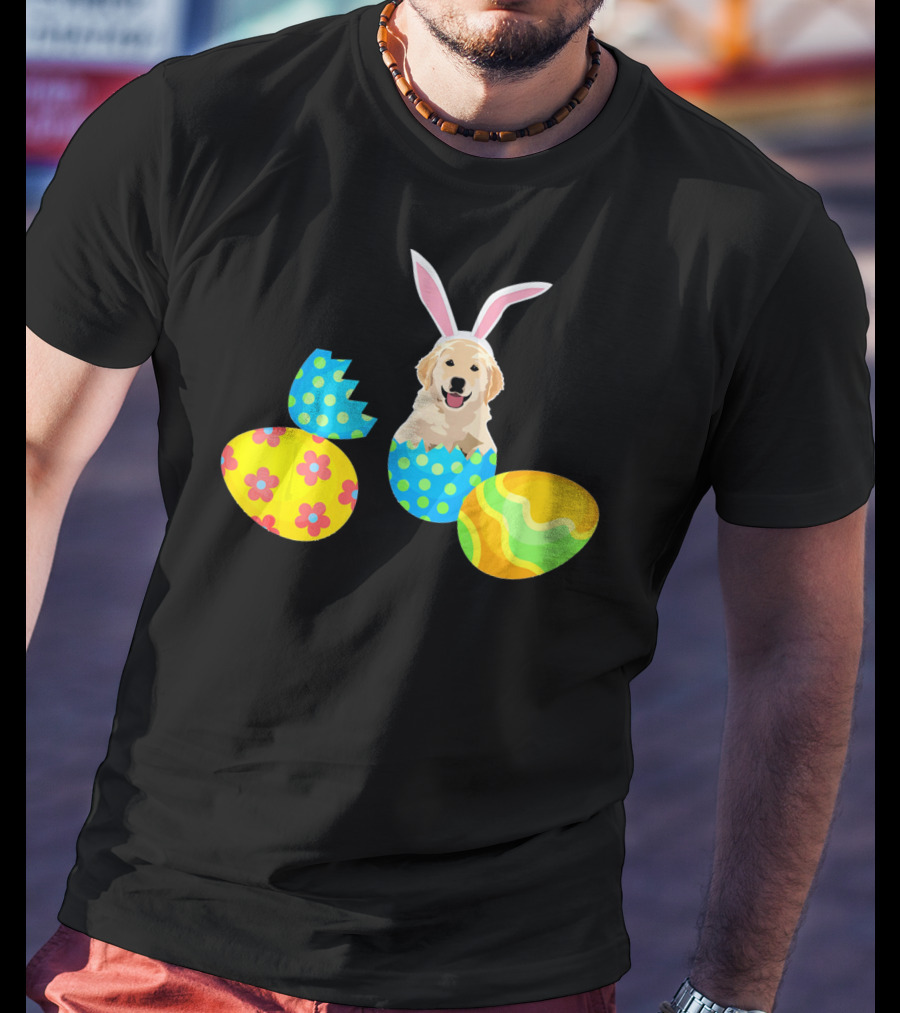 Labrador In Easter Eggs With Bunny Ears And Colorful T-Shirt