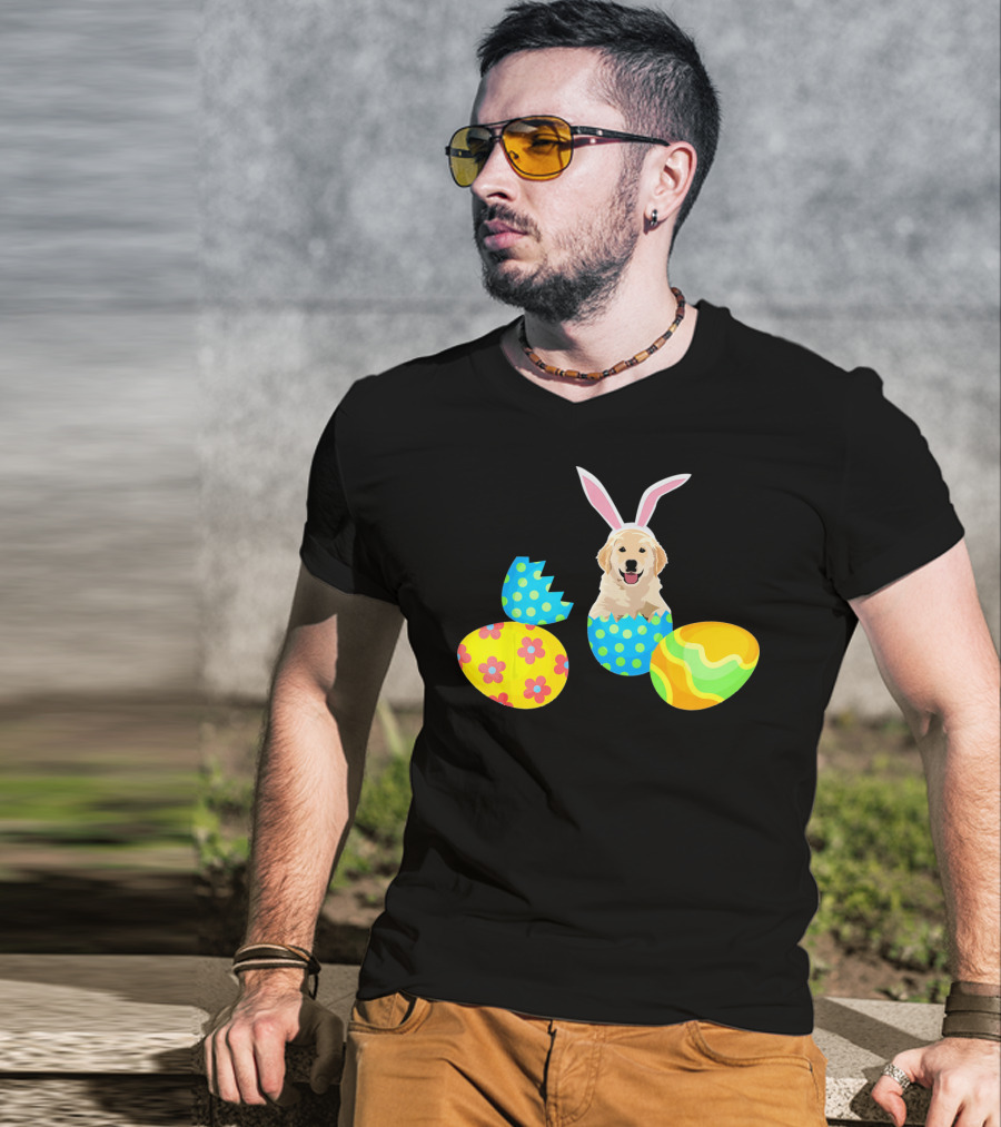 Labrador In Easter Eggs With Bunny Ears And Colorful T-Shirt