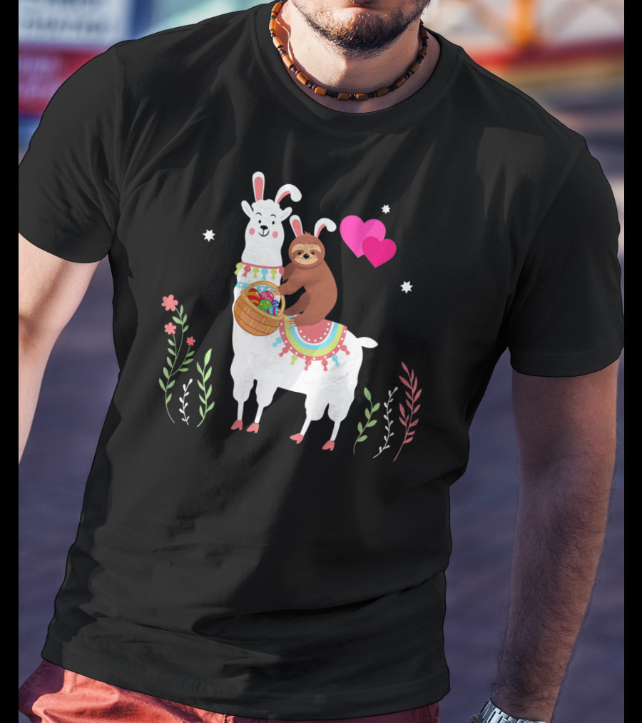 Sloth With Basket On Llama Wearing Easter Bunny Ears With Hearts And Flowers T-Shirt