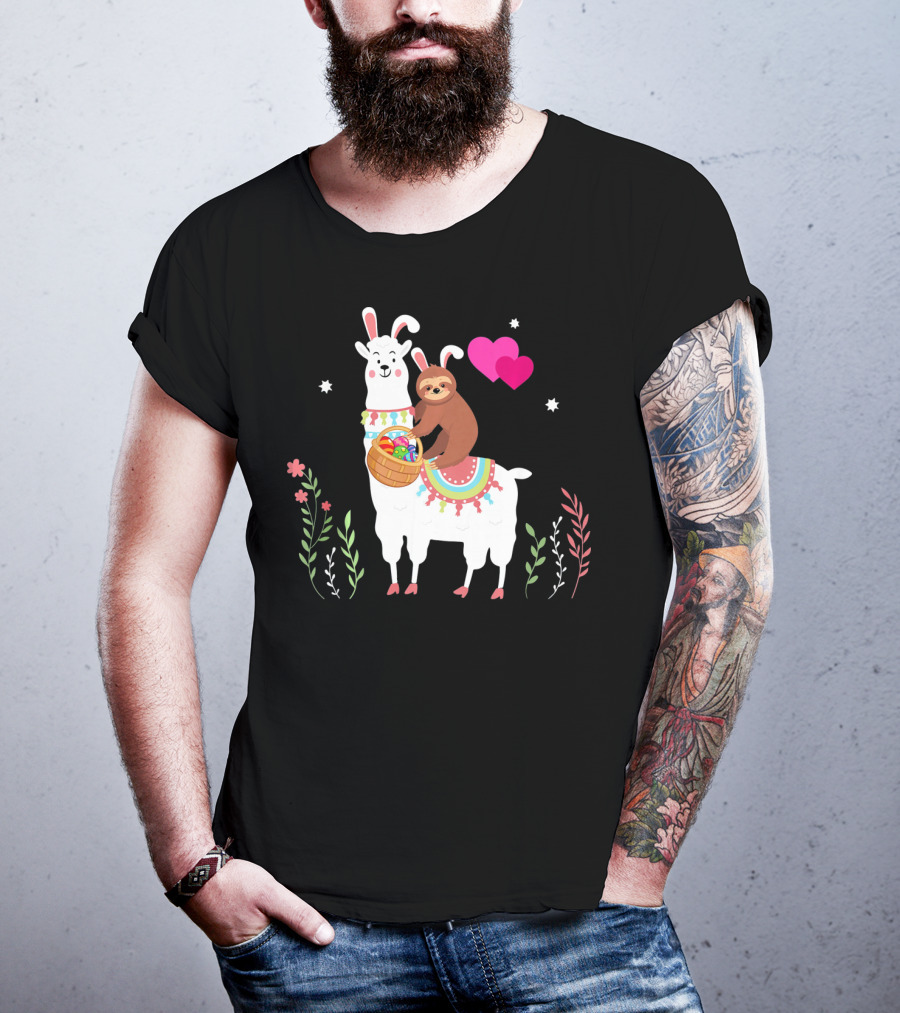 Sloth With Basket On Llama Wearing Easter Bunny Ears With Hearts And Flowers T-Shirt