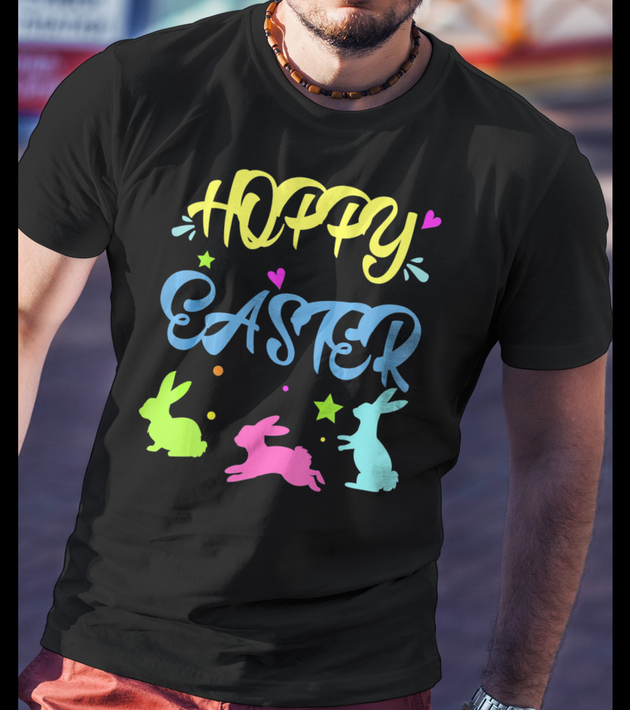 Hoppy Easter Novelty Orthodox Colorful Bunny Silhouettes With Hearts And Stars T-Shirt