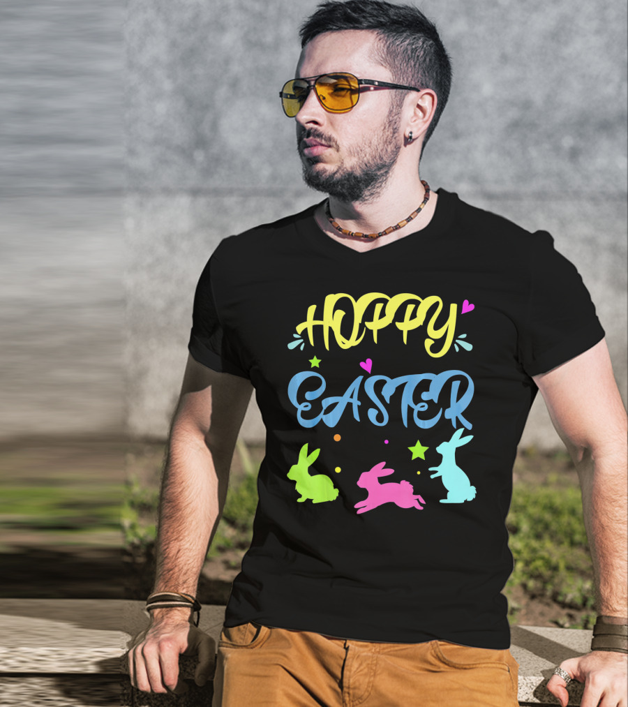 Hoppy Easter Novelty Orthodox Colorful Bunny Silhouettes With Hearts And Stars T-Shirt