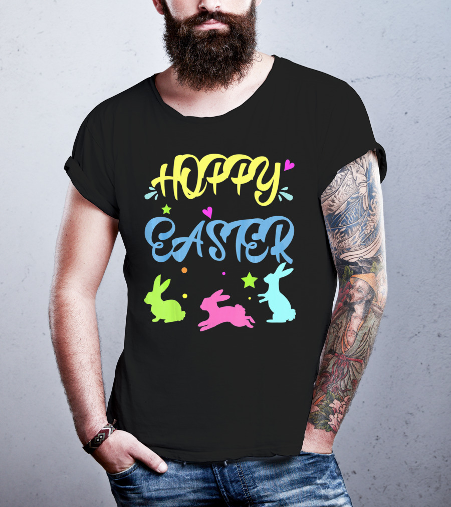 Hoppy Easter Novelty Orthodox Colorful Bunny Silhouettes With Hearts And Stars T-Shirt