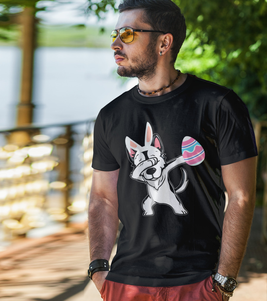 Easter Bunny Ears Dabbing Husky With Colorful Egg T-Shirt