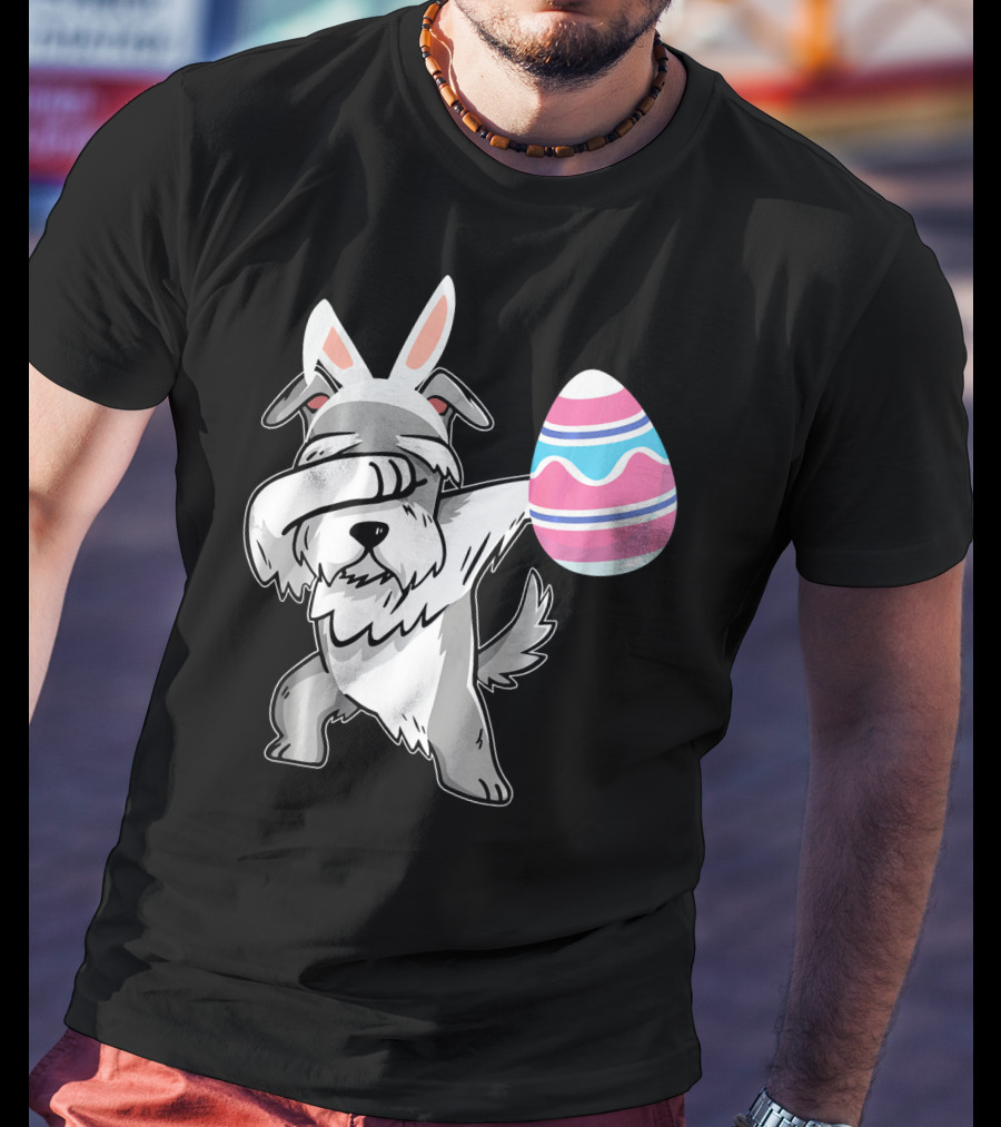 Easter Bunny Ears Schnauzer Dog Dabbing With Colorful Egg T-Shirt