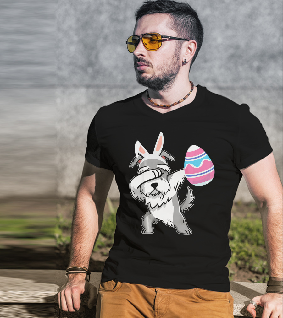 Easter Bunny Ears Schnauzer Dog Dabbing With Colorful Egg T-Shirt