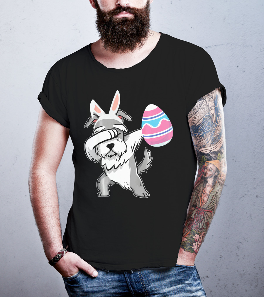 Easter Bunny Ears Schnauzer Dog Dabbing With Colorful Egg T-Shirt