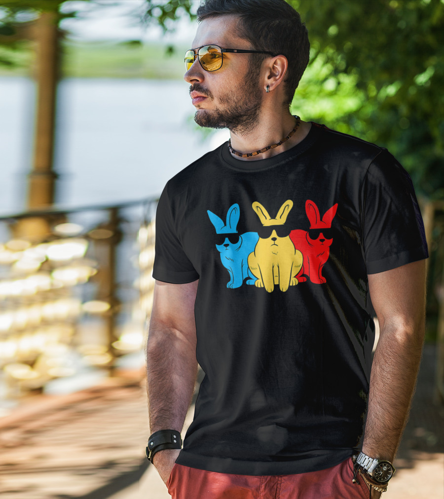 Hip Trio Bunnies Shades Funny Hipster Blue Yellow Red T-Shirt