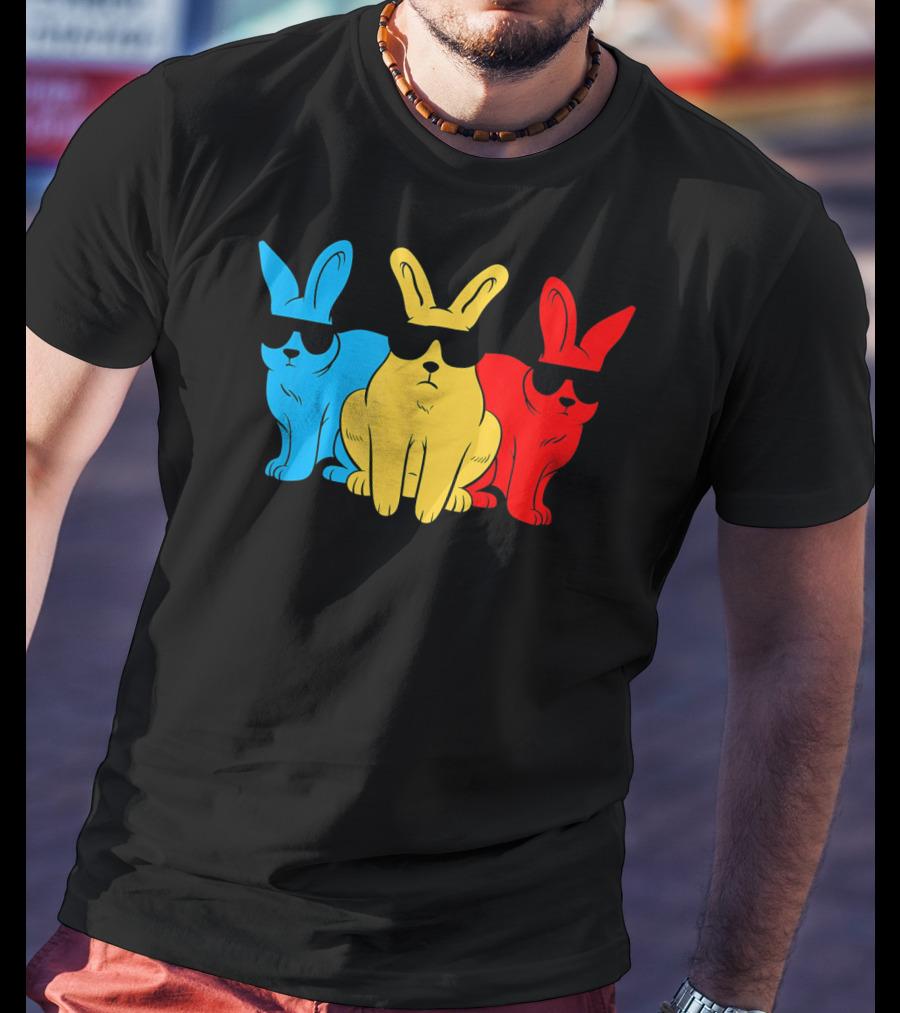 Hip Trio Bunnies Shades Funny Hipster Blue Yellow Red T-Shirt