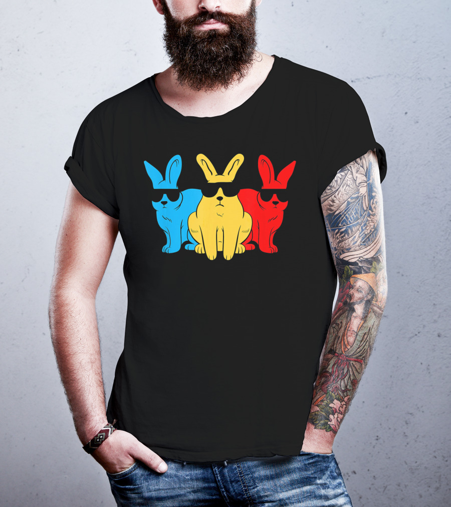 Hip Trio Bunnies Shades Funny Hipster Blue Yellow Red T-Shirt