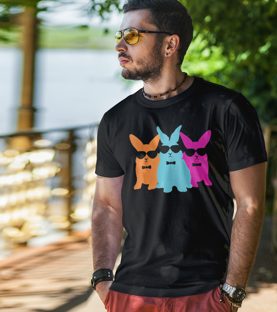 Hipster Easter Bunny Cool Rabbits Sunglasses Neon Trio Bow Ties T-Shirt