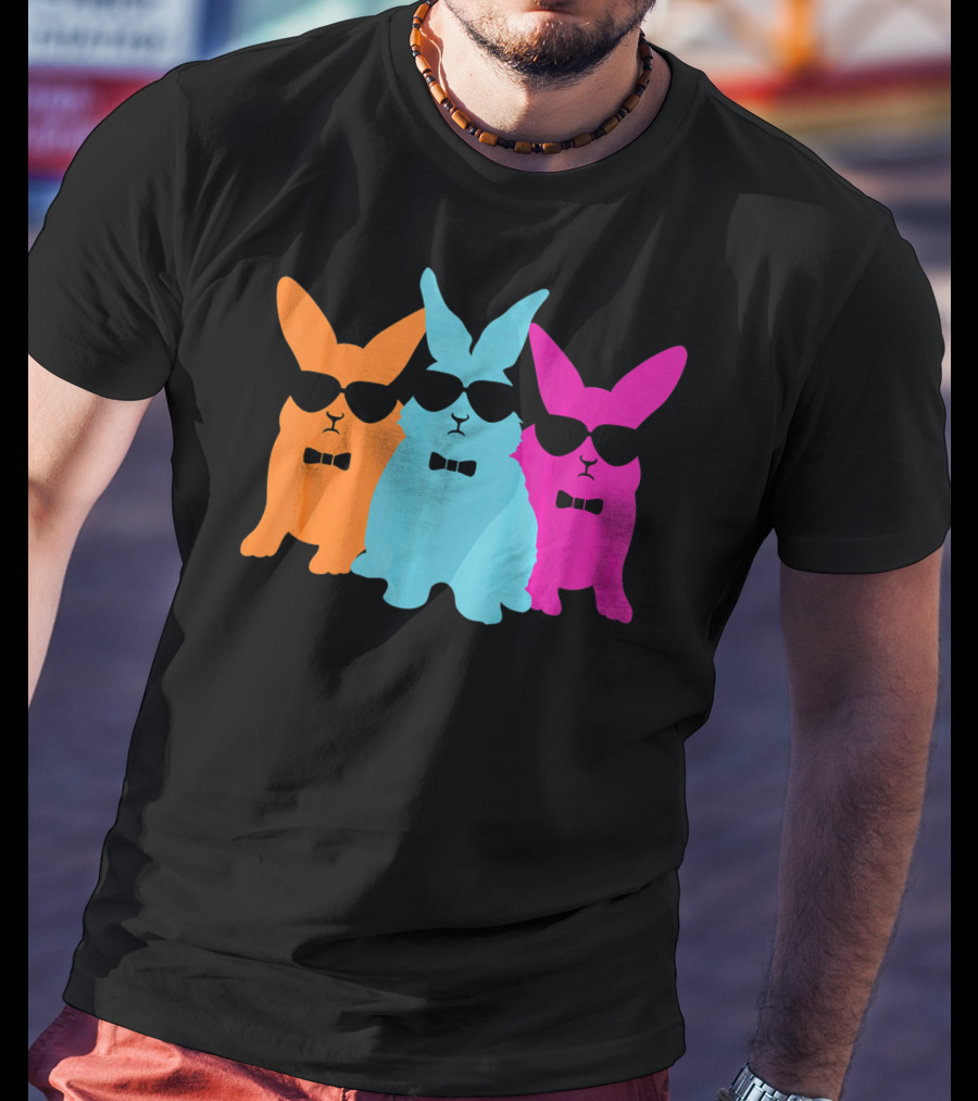 Hipster Easter Bunny Cool Rabbits Sunglasses Neon Trio Bow Ties T-Shirt