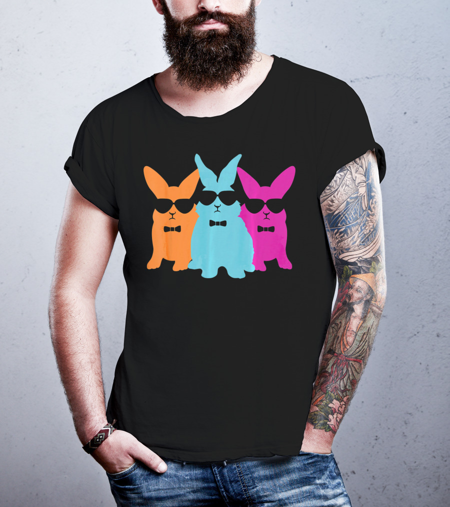 Hipster Easter Bunny Cool Rabbits Sunglasses Neon Trio Bow Ties T-Shirt