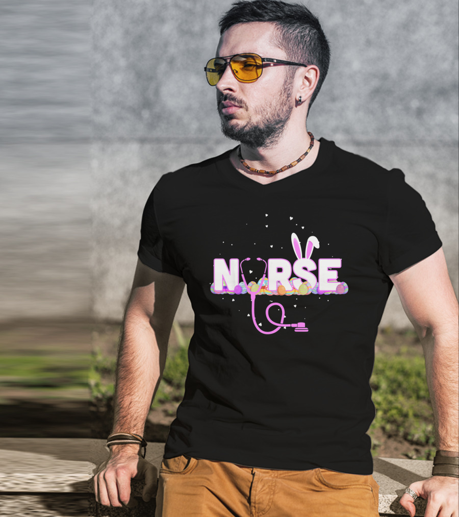Nurse Easter Bunny Ears Colorful Eggs Stethoscope T-Shirt