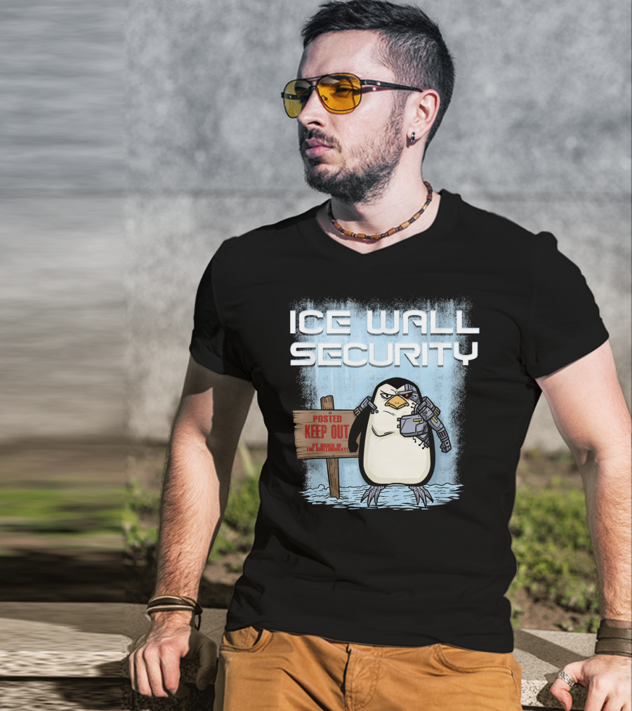 Cyborg Penguin Ice Wall Security Posted Keep Out Sign T-Shirt