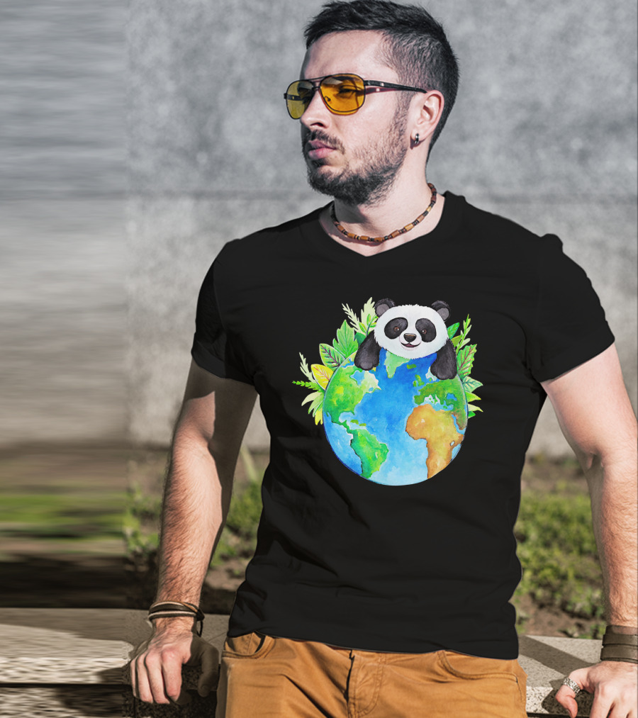 Cute Earth Panda Bear With Green Foliage T-Shirt
