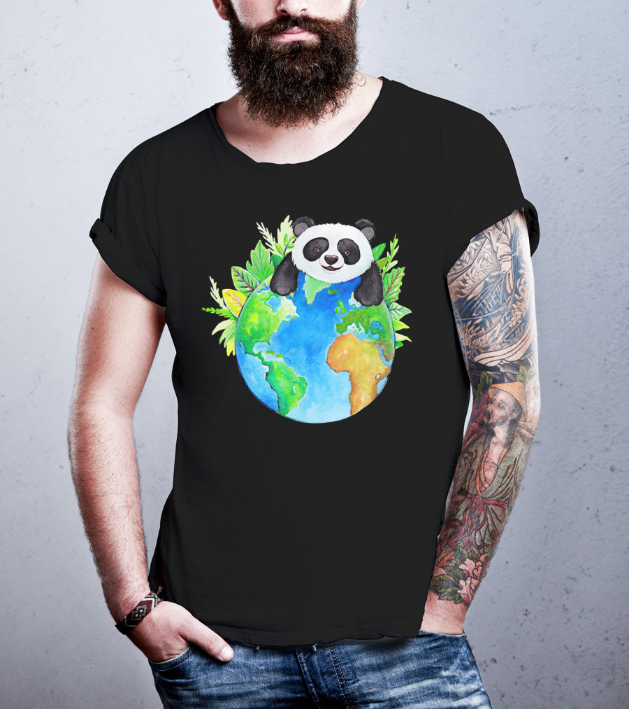 Cute Earth Panda Bear With Green Foliage T-Shirt
