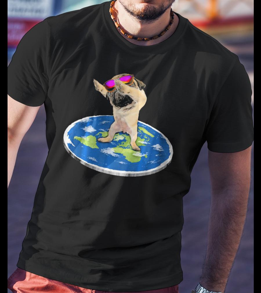 Flat Earth Pug Dabbing With Sunglasses On World Map T-Shirt