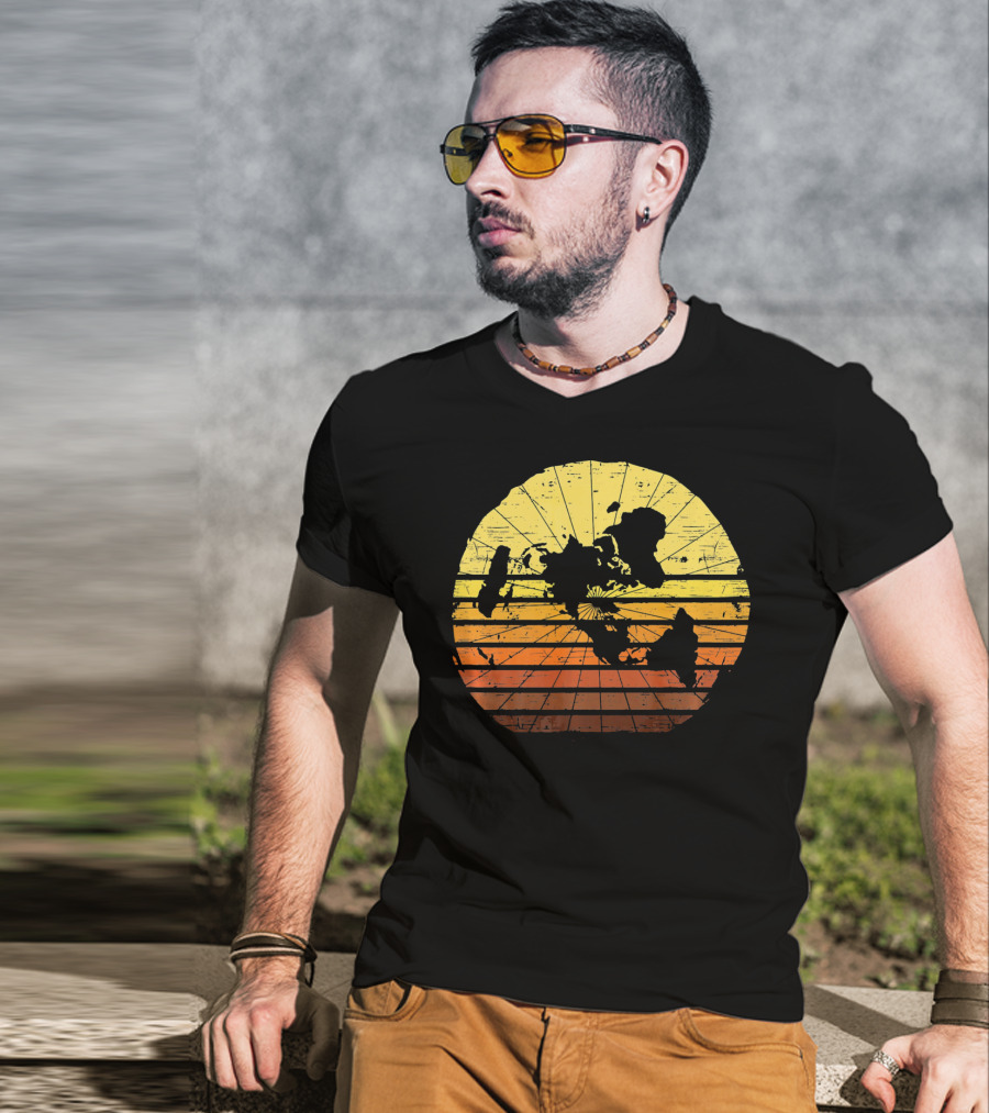 Flat Earth Map Vintage Retro Distressed Stripes T-Shirt