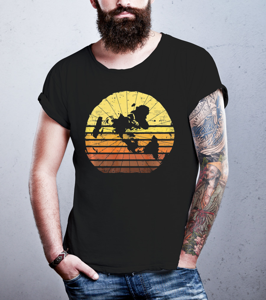 Flat Earth Map Vintage Retro Distressed Stripes T-Shirt