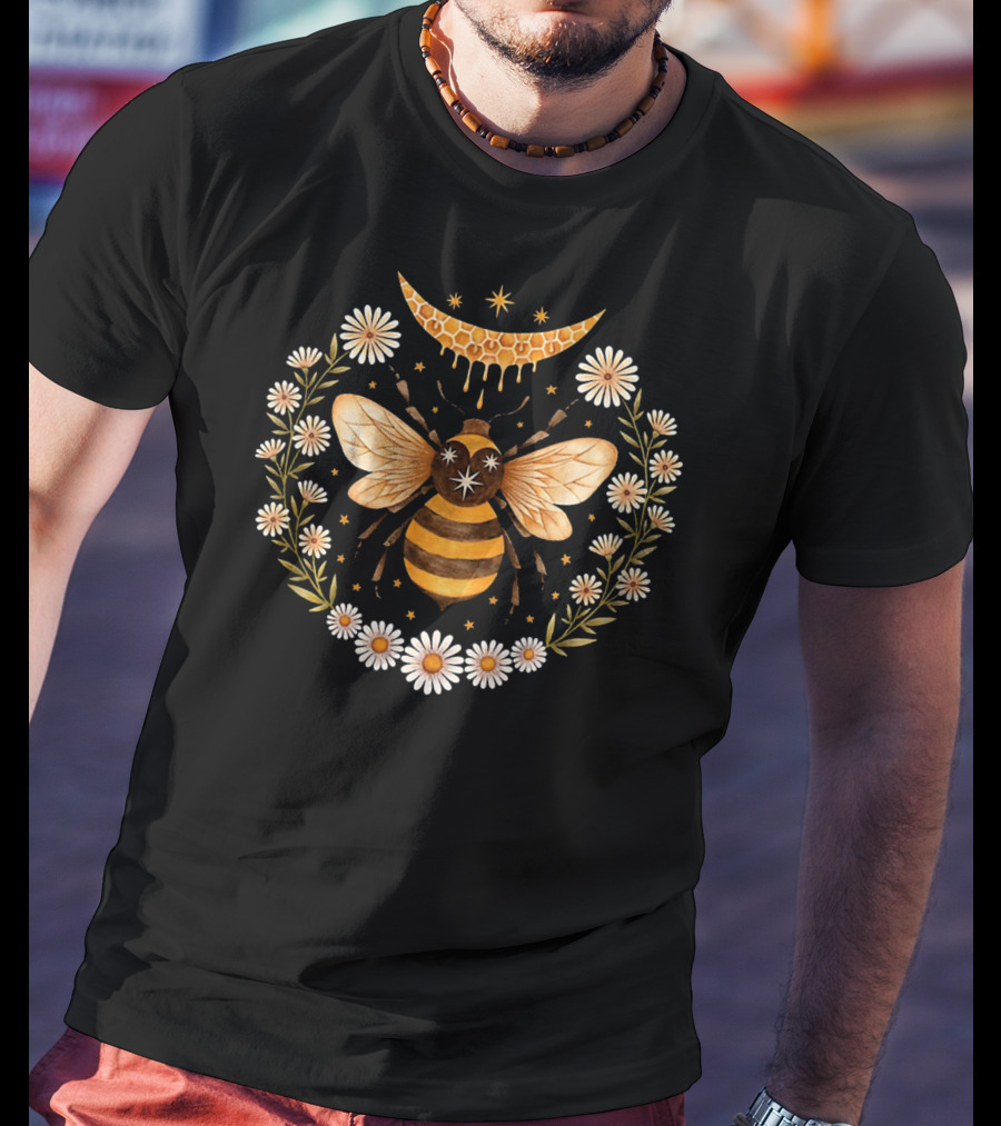 Honey Bee With Flowers And Crescent Moon T-Shirt