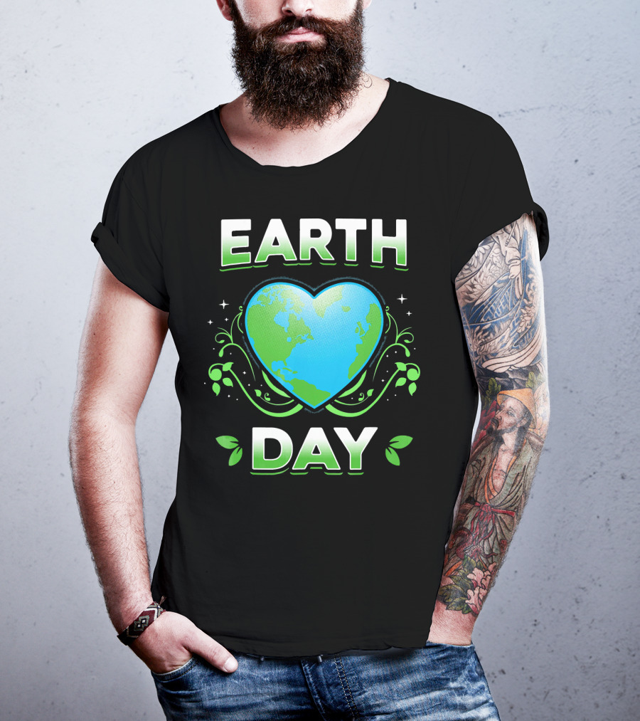 Earth Day Heart With Green Leaves And Swirls T-Shirt