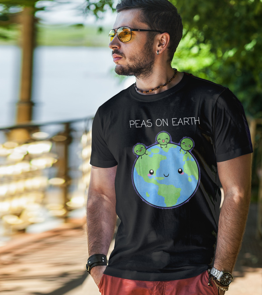 Peas On Earth Cute Cartoon Planet With Happy Faces T-Shirt