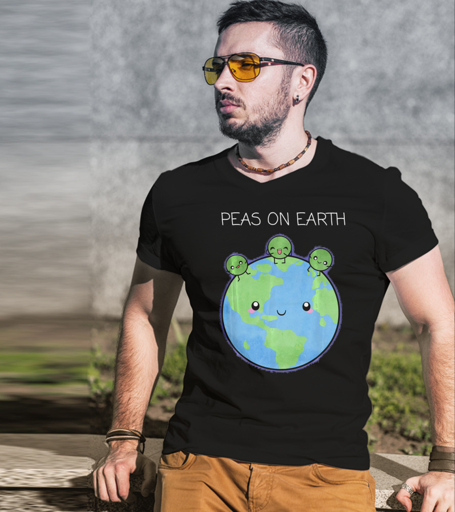 Peas On Earth Cute Cartoon Planet With Happy Faces T-Shirt