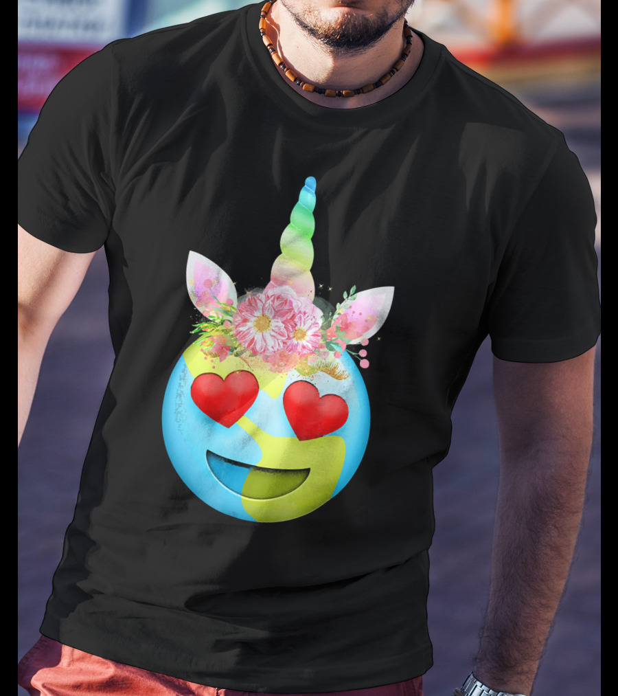 Heart Eyes Unicorn Earth Day Emoji Floral Mane T-Shirt