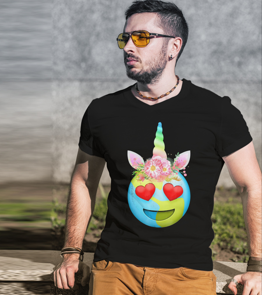 Heart Eyes Unicorn Earth Day Emoji Floral Mane T-Shirt