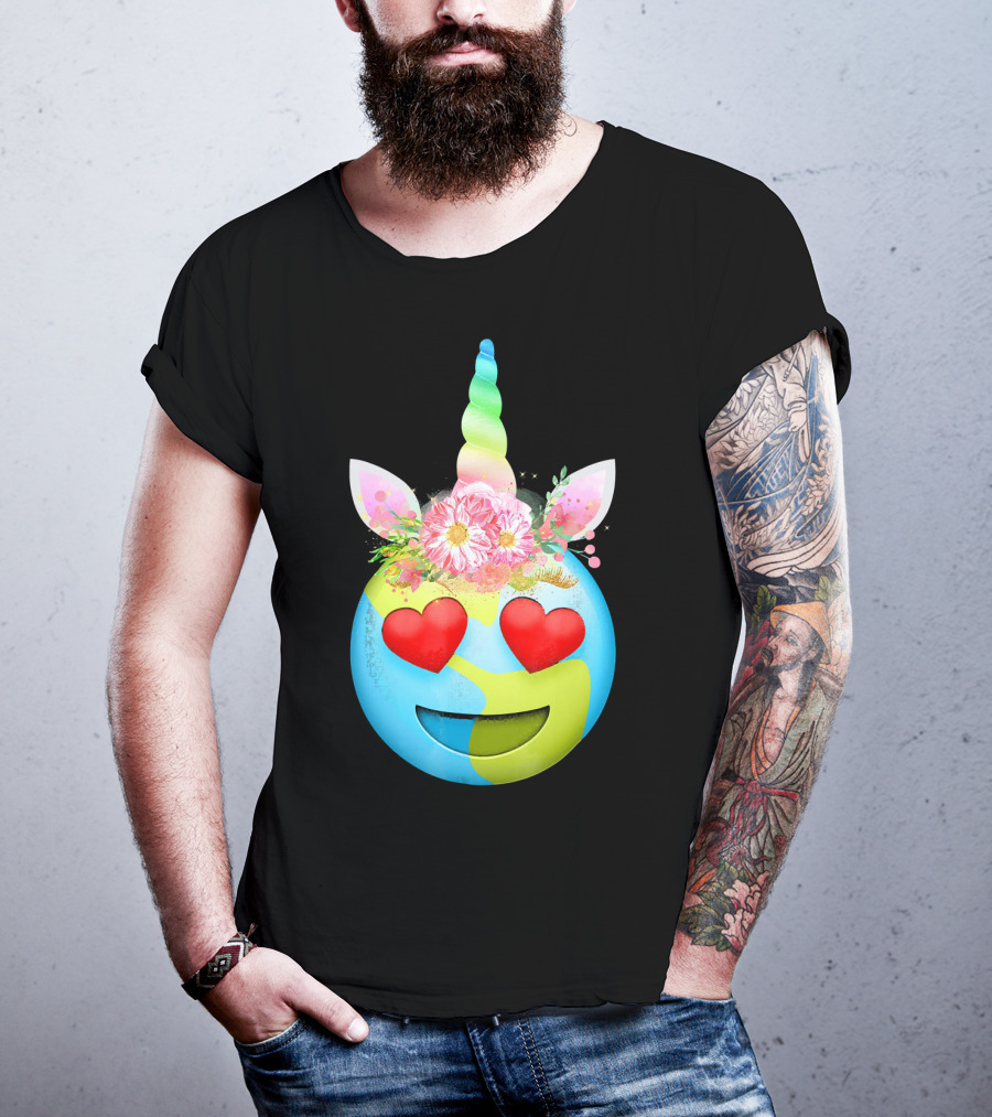 Heart Eyes Unicorn Earth Day Emoji Floral Mane T-Shirt