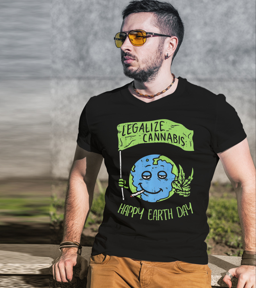 Legalize Cannabis Happy Earth Day Smoky Globe Holding Leaf T-Shirt