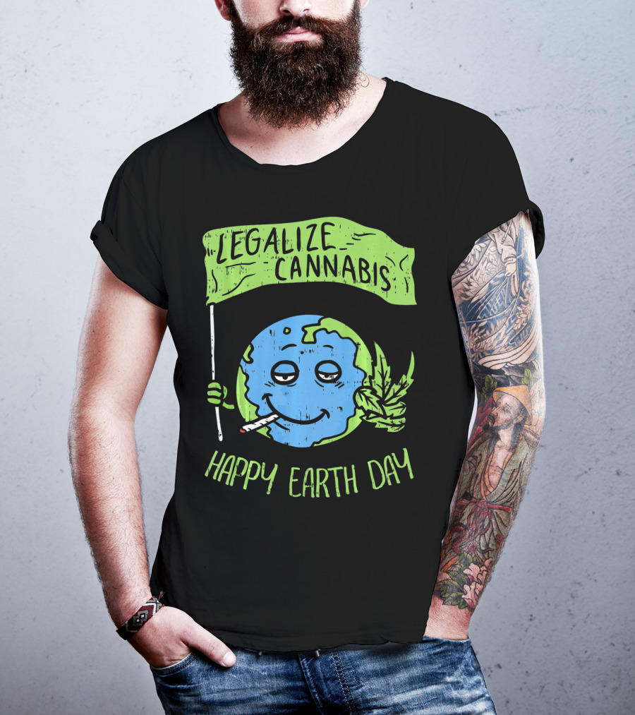 Legalize Cannabis Happy Earth Day Smoky Globe Holding Leaf T-Shirt