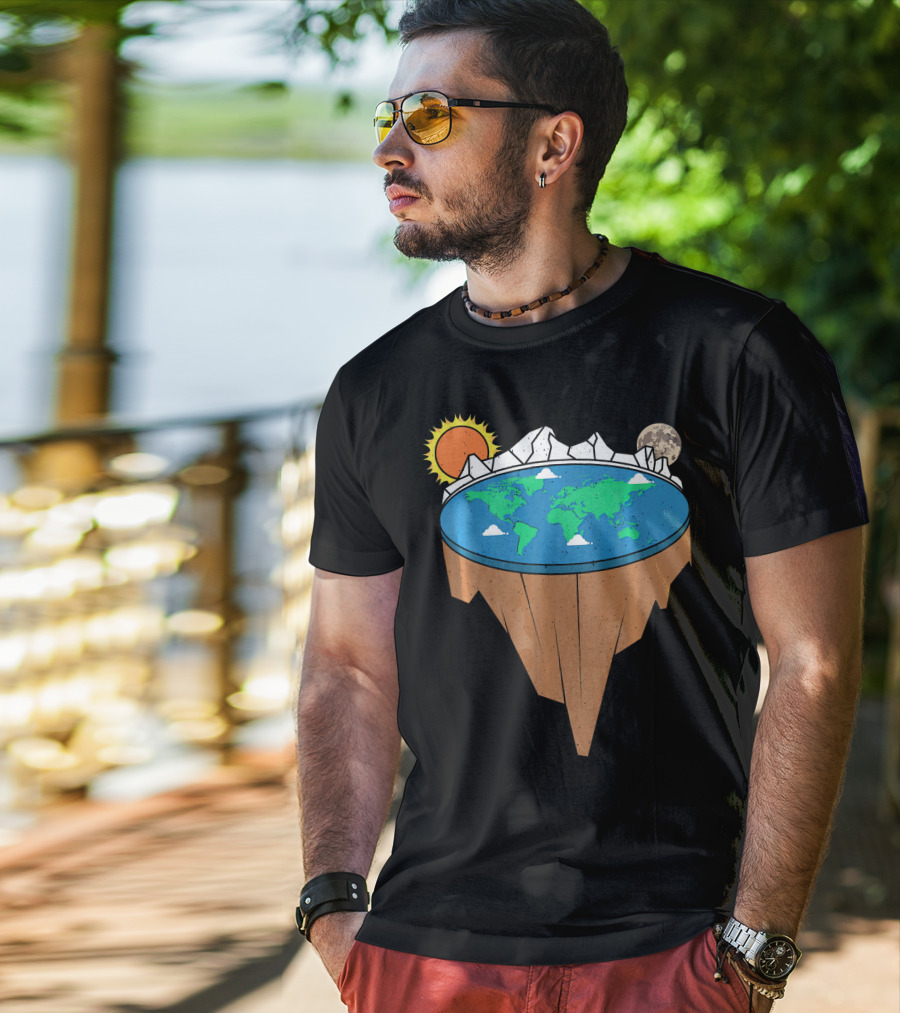 Flat Earth Conspiracy Theorist Map With Sun And Moon T-Shirt