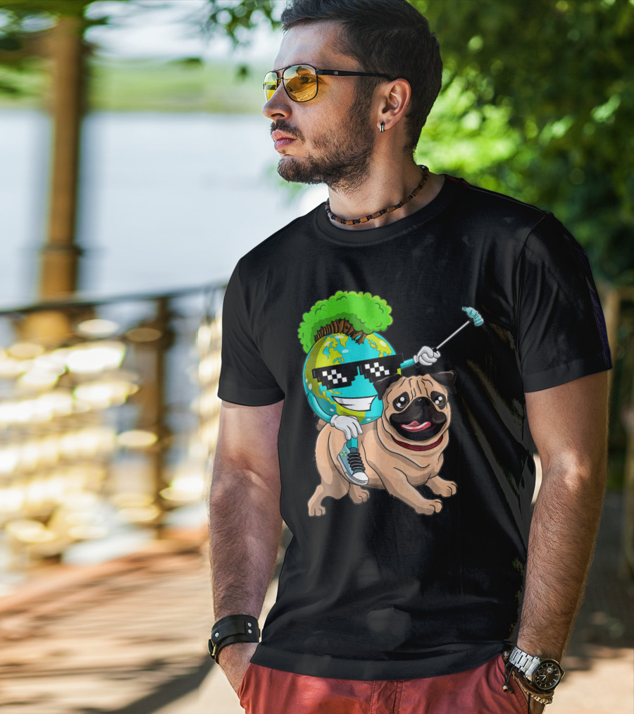 Earth Day Pug With Cool Recycling Globe And Sunglasses T-Shirt