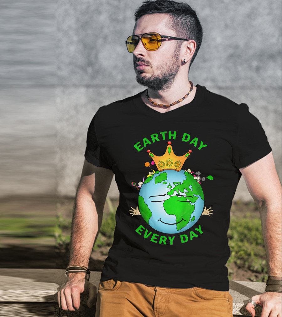 Earth Day Every Day Smiling Earth With Crown And Playful Elements T-Shirt