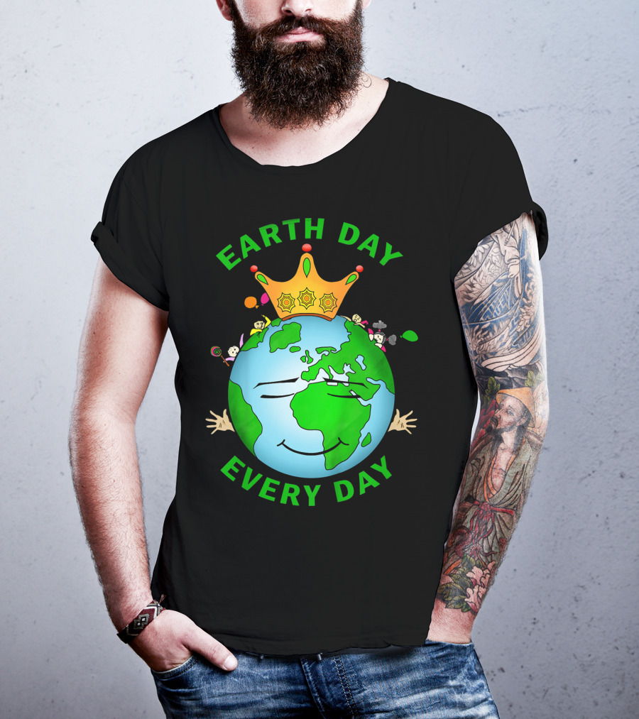 Earth Day Every Day Smiling Earth With Crown And Playful Elements T-Shirt