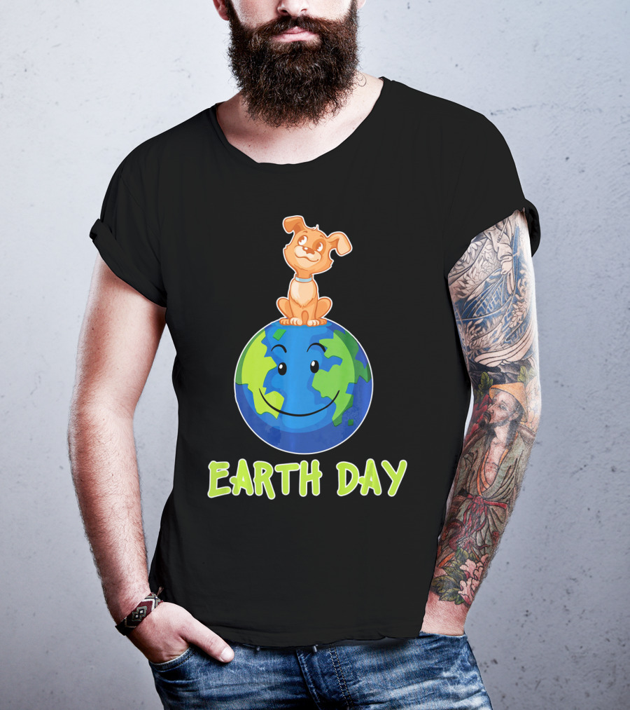 Earth Day Dog On Smiling Planet Earth T-Shirt