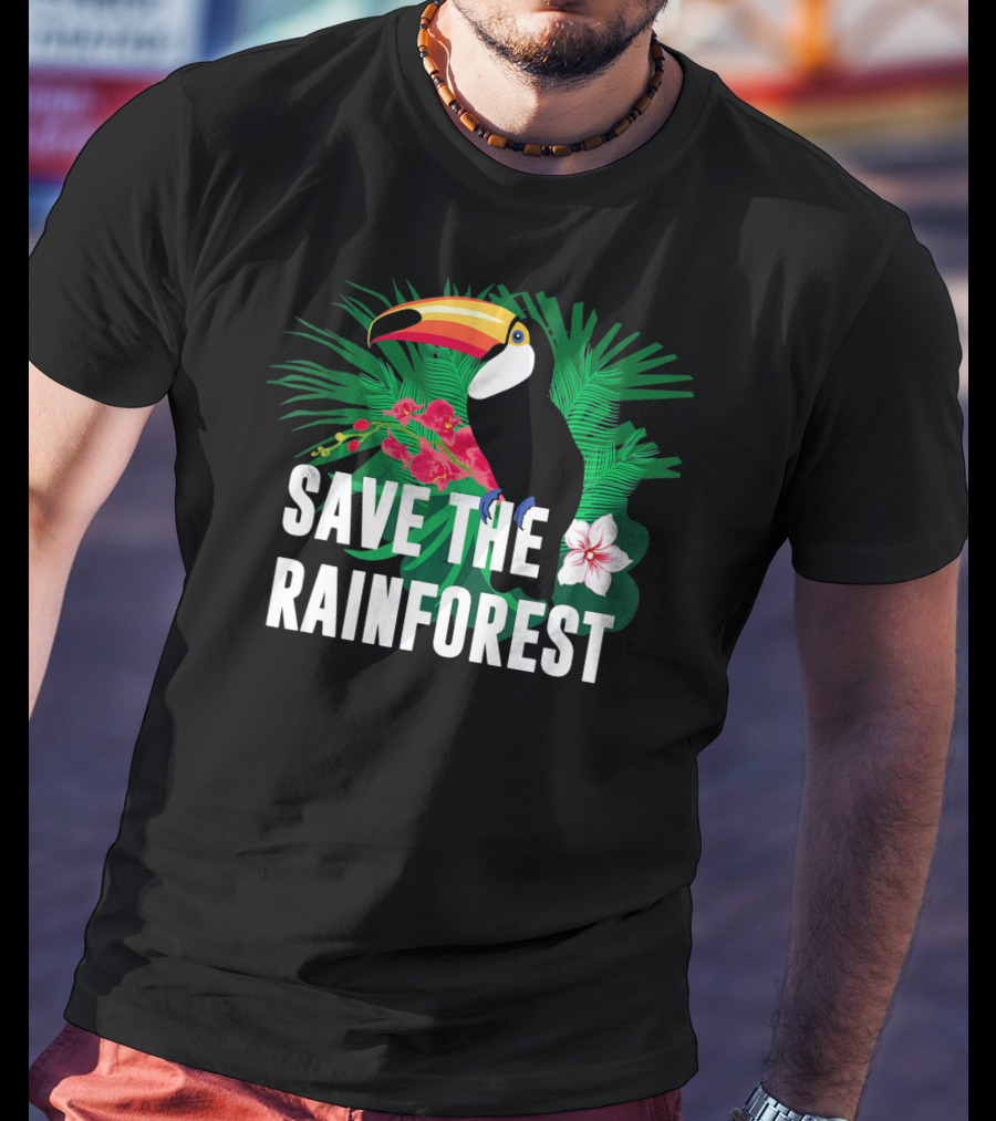 Save The Rainforest Earth Day Toucan And Tropical Flowers T-Shirt