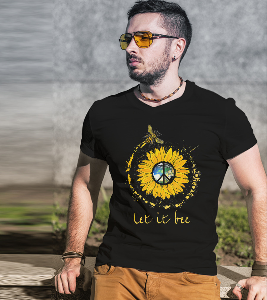 Let It Bee Sunflower Earth Peace Sign With Bee Harmony T-Shirt