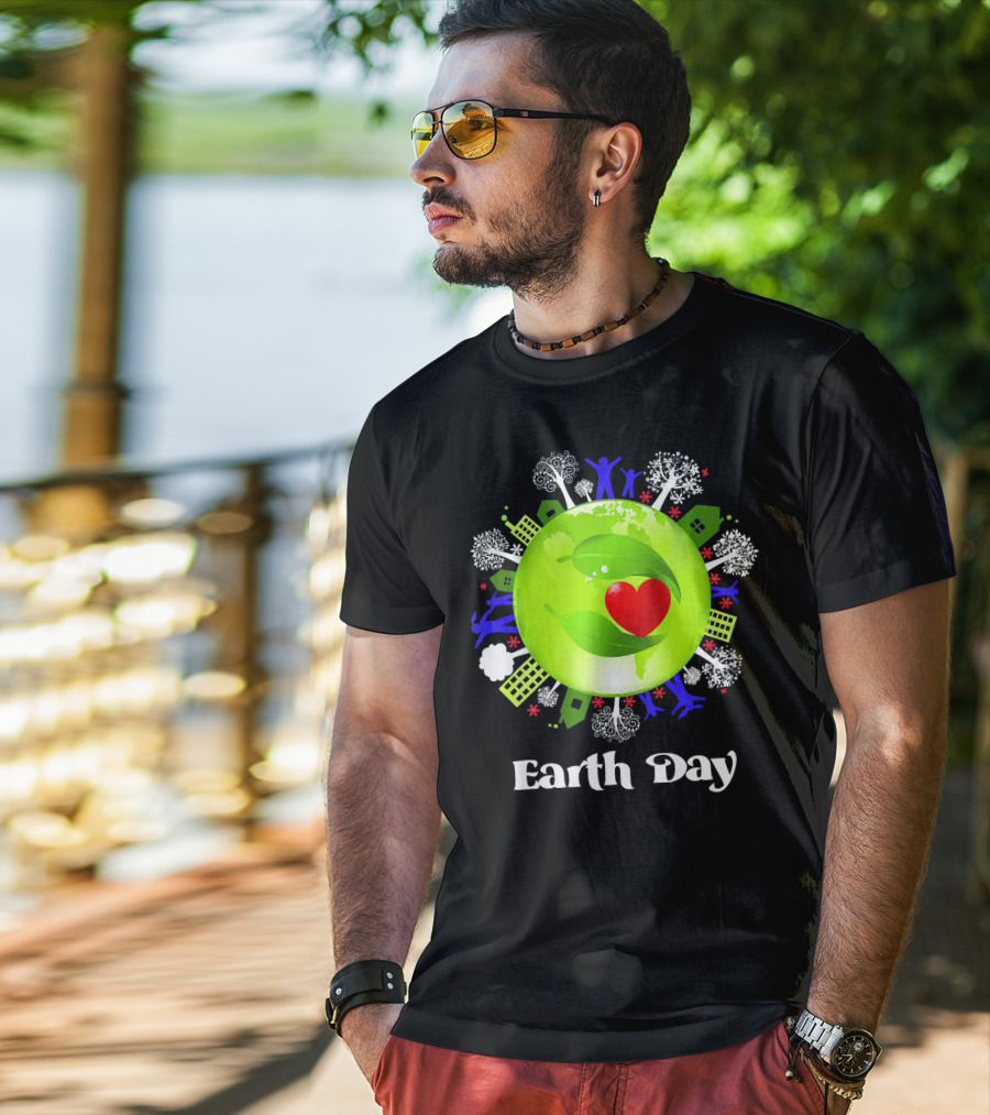 Earth Day Planet Earth Love With Leaf And Heart T-Shirt