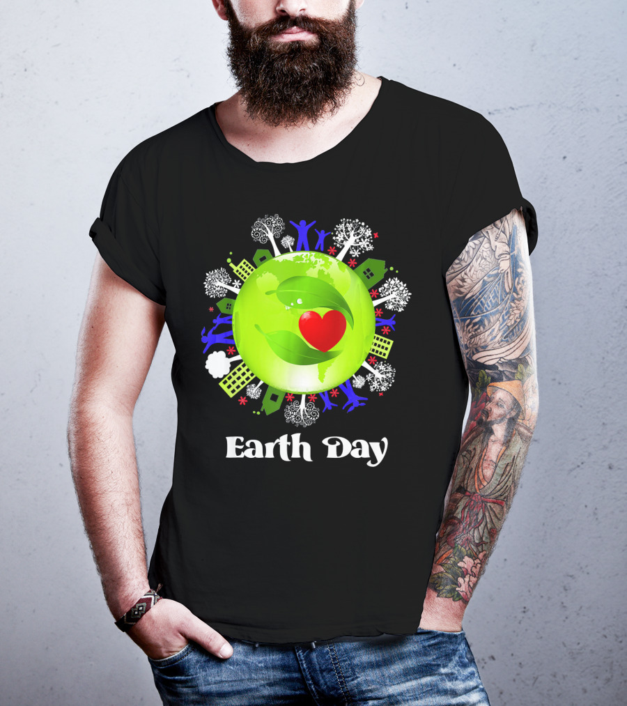 Earth Day Planet Earth Love With Leaf And Heart T-Shirt
