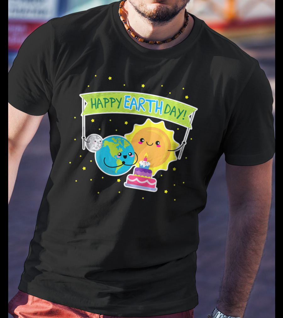 Happy Earth Day Cute Earth Sun Moon Cake T-Shirt