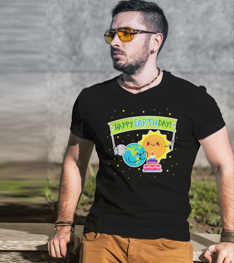 Happy Earth Day Cute Earth Sun Moon Cake T-Shirt