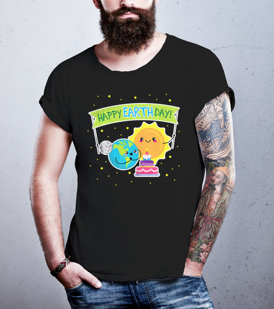 Happy Earth Day Cute Earth Sun Moon Cake T-Shirt