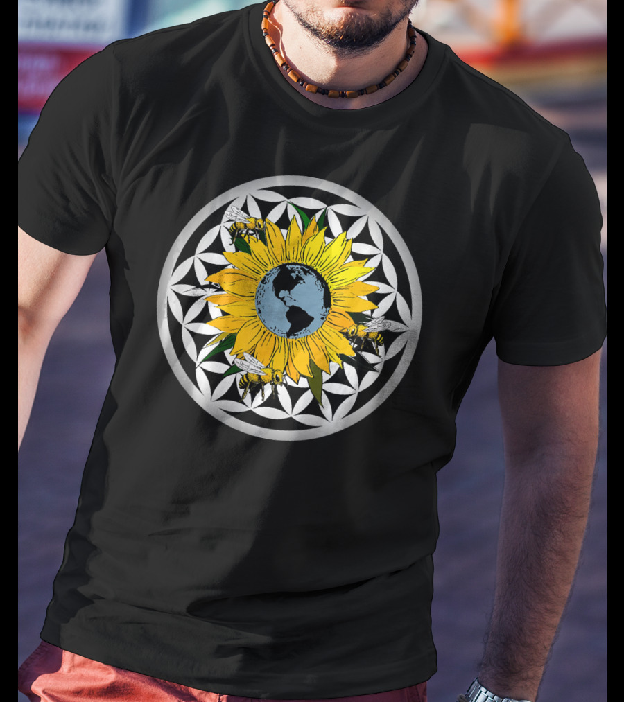 Sunflower Earth With Flower Of Life And Bees T-Shirt