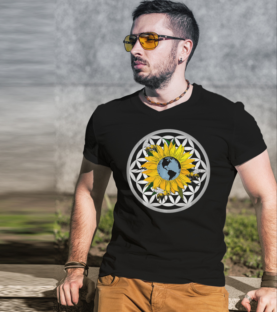 Sunflower Earth With Flower Of Life And Bees T-Shirt